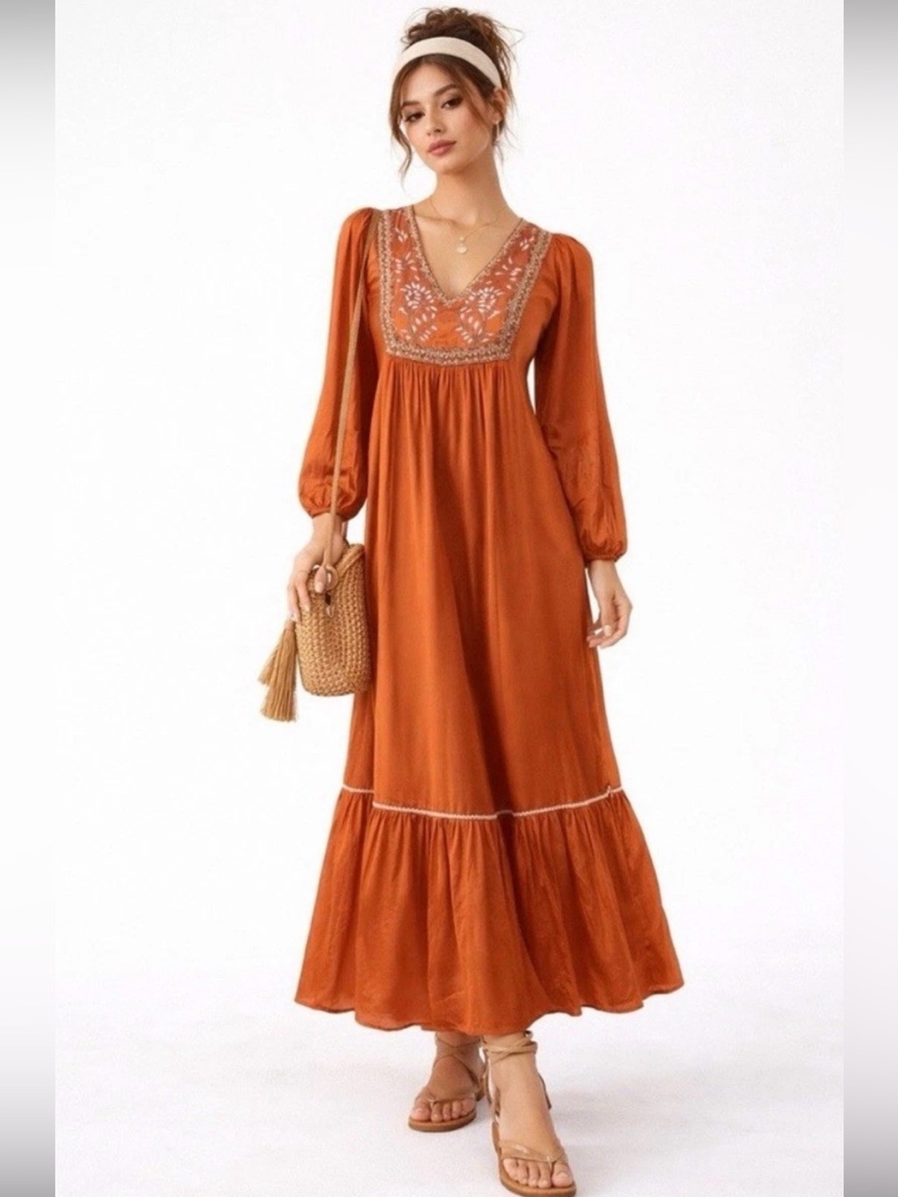 New Ex Voto Hazel Maxi Dress Chili Medium New Boho Long Sleeve Modest Beaded